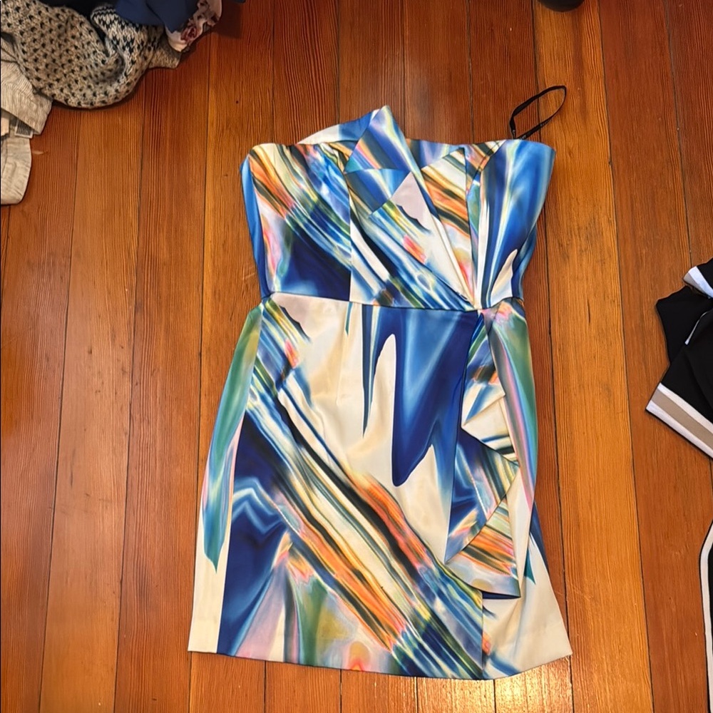bebe One Shoulder Dress in Blue and Cream Abstract